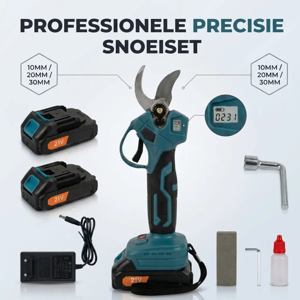 Complete set: elektrische snoeischaar met twee accu’s, oplader en accessoires